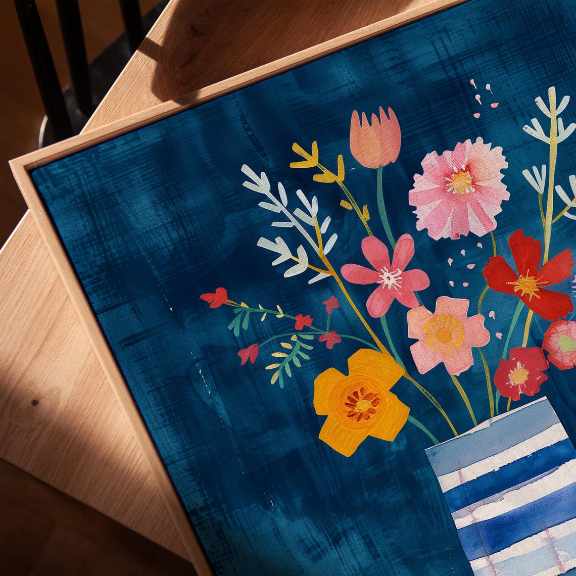 Colorful Floral Bouquet Blue Striped Vase Teal Background Poster - Image 4