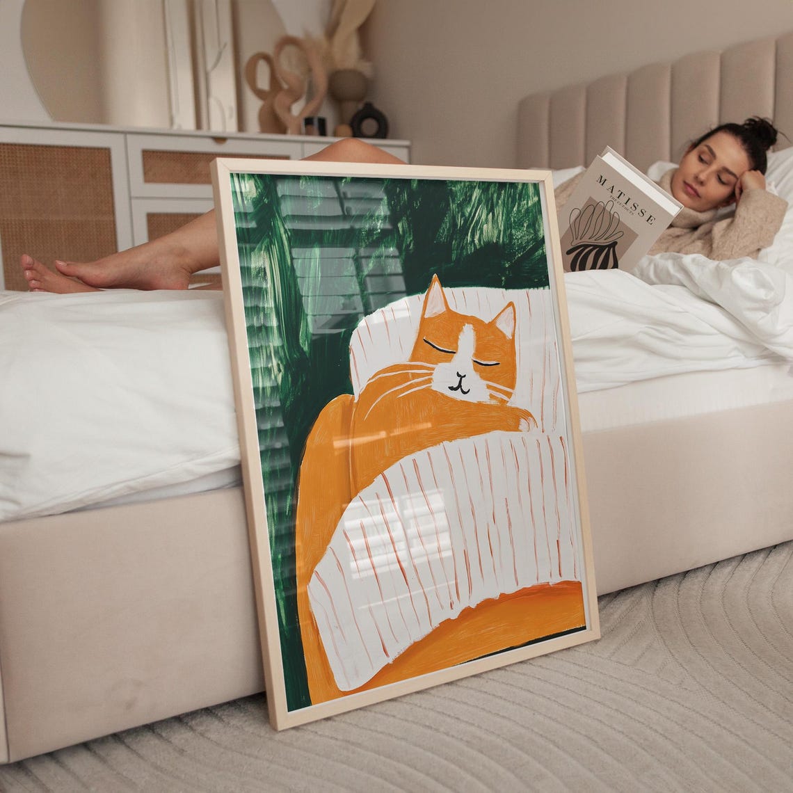 Sleeping Orange Cat on Striped Pillow Green Painterly Poster - Image 3