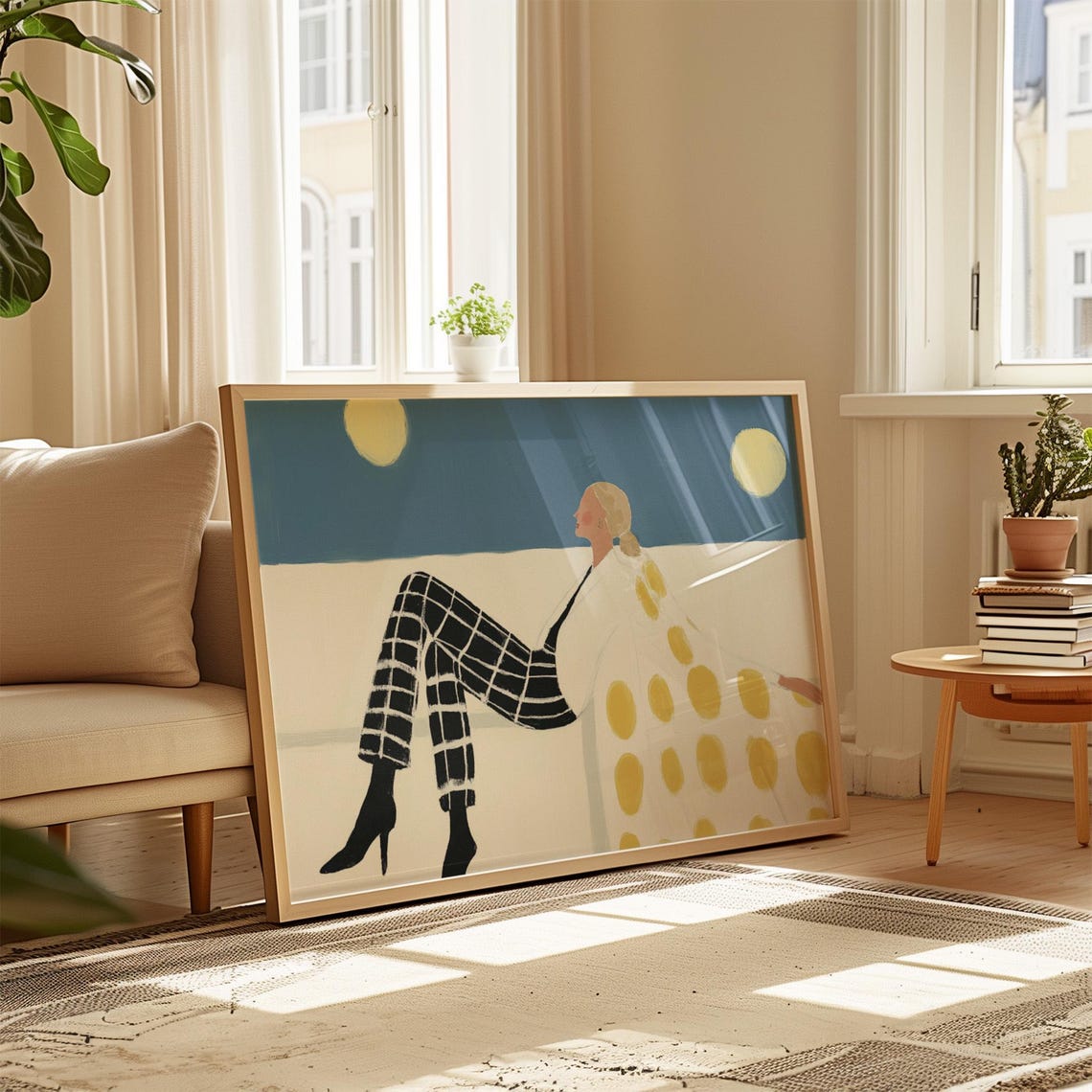 Moonlit Woman Reclining in Checkered Pants Polka Dot Blouse Poster - Image 5