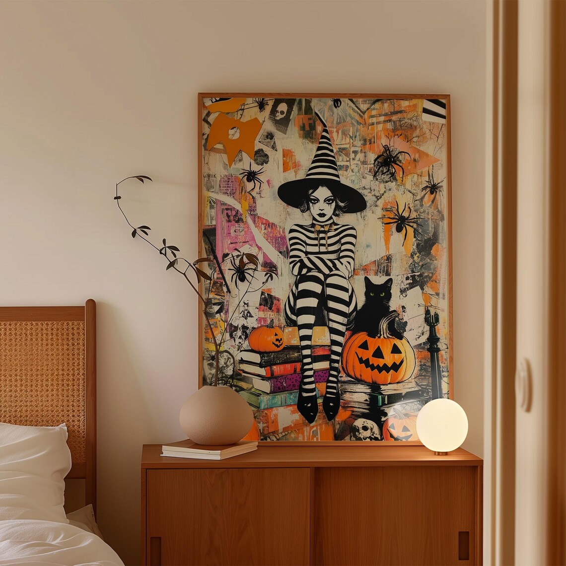 Striped Witch With Black Cat and Pumpkins Orange Collage Halloween Poster - Image 4