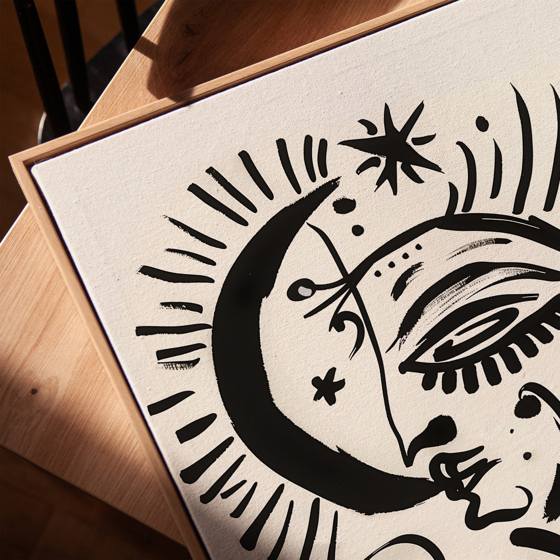 Abstract Sun And Moon Celestial Face Line Drawing In Black Ink Print - Image 4