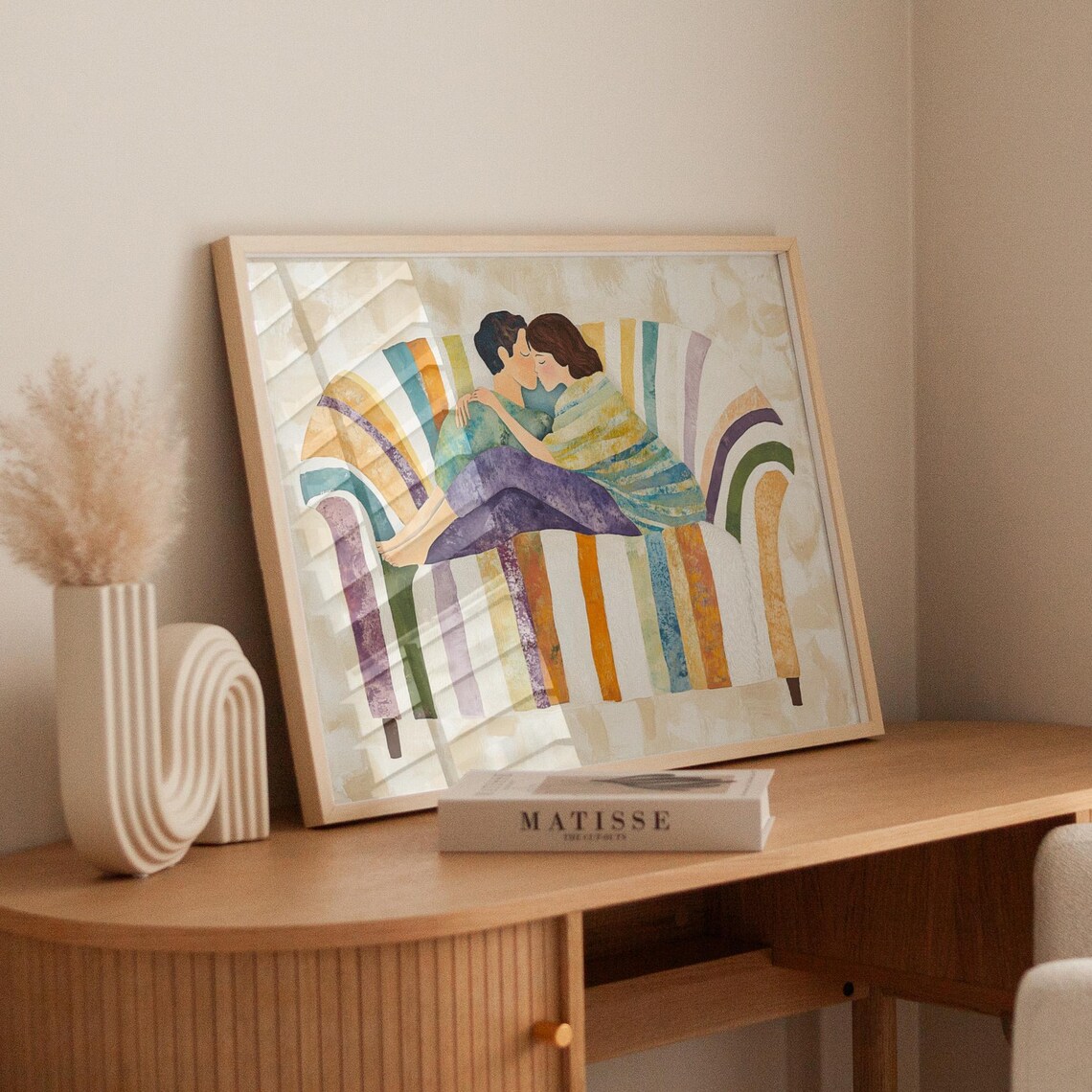 Embracing Couple on Rainbow Striped Couch Watercolor Love Poster - Image 4