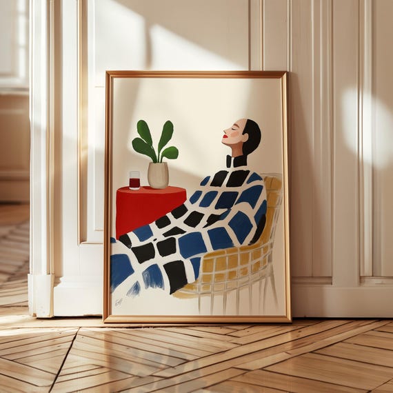 Abstract Figure Art Print Modern Geometric Blanket Illustration Blue And Black Grid Design Red Table Decor Minimalist Wall Art