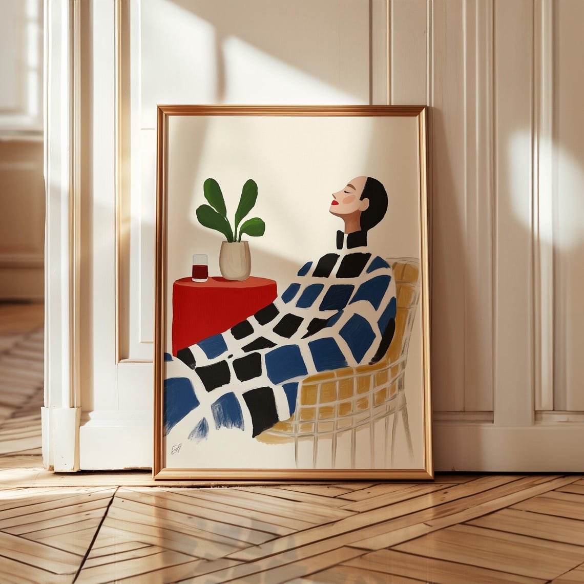 Abstract Figure Art Print Modern Geometric Blanket Illustration Blue And Black Grid Design Red Table Decor Minimalist Wall Art