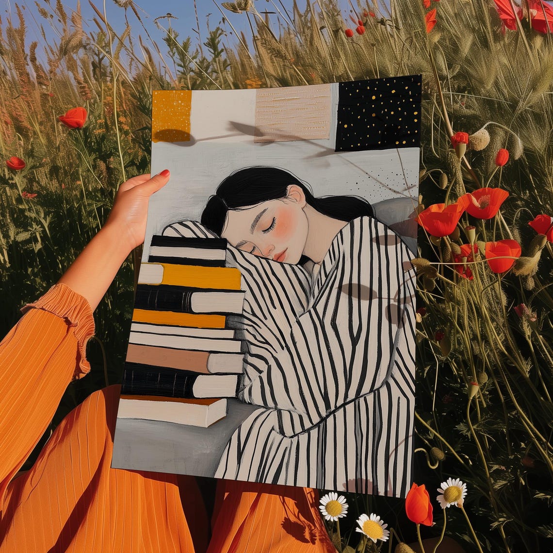 Sleeping Girl Hugging Stack Of Books Night Window Cozy Reading Poster - Image 4