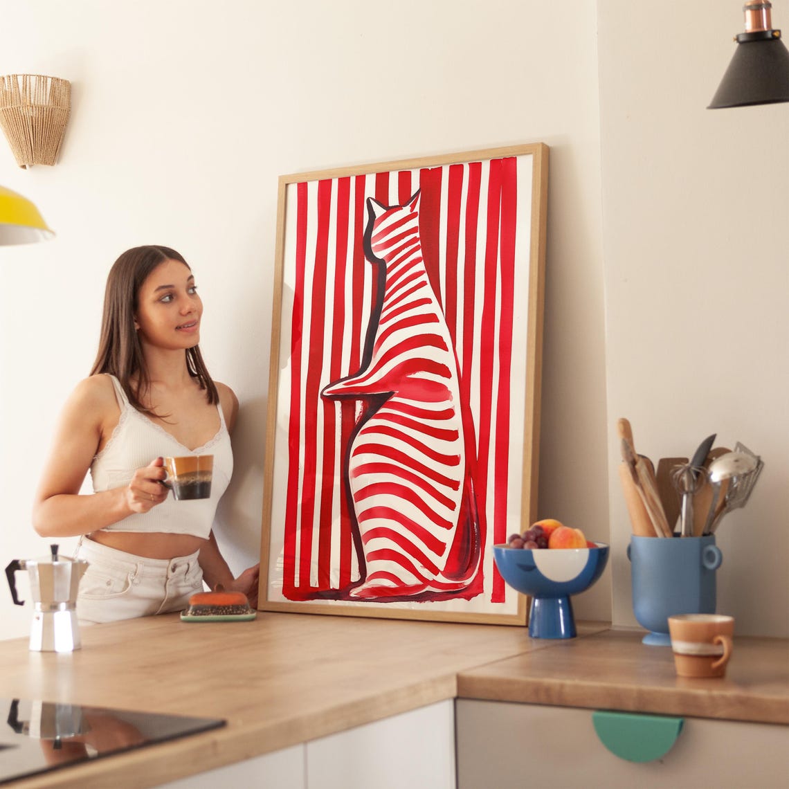 Striped Cat Silhouette Red and White Modern Minimalist Poster - Image 4