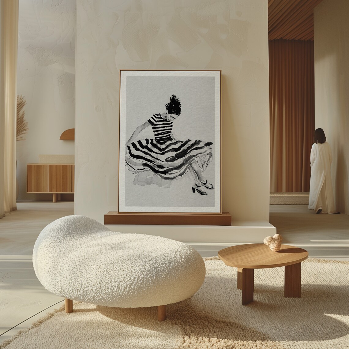 Woman in Flowing Striped Dress Black and White Fashion Poster - Image 3