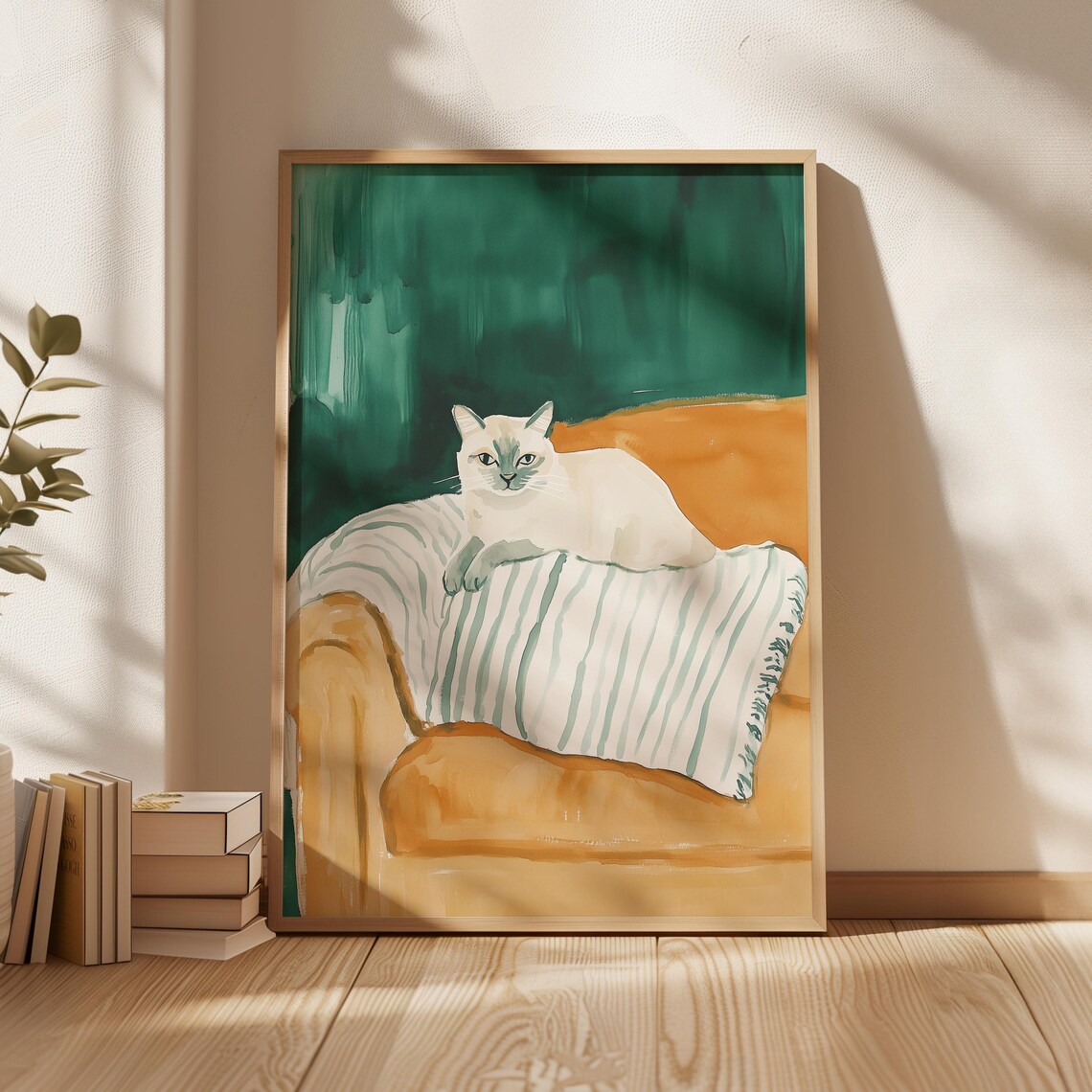 Alert White Cat On Striped Chair Teal And Orange Modern Feline Painting Poster - Image 3