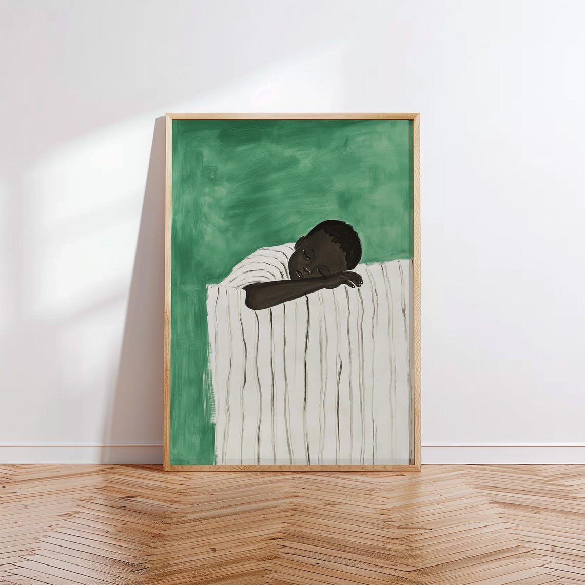 Sleeping Boy Arm Over Striped Bedding Green Nursery Wall Art