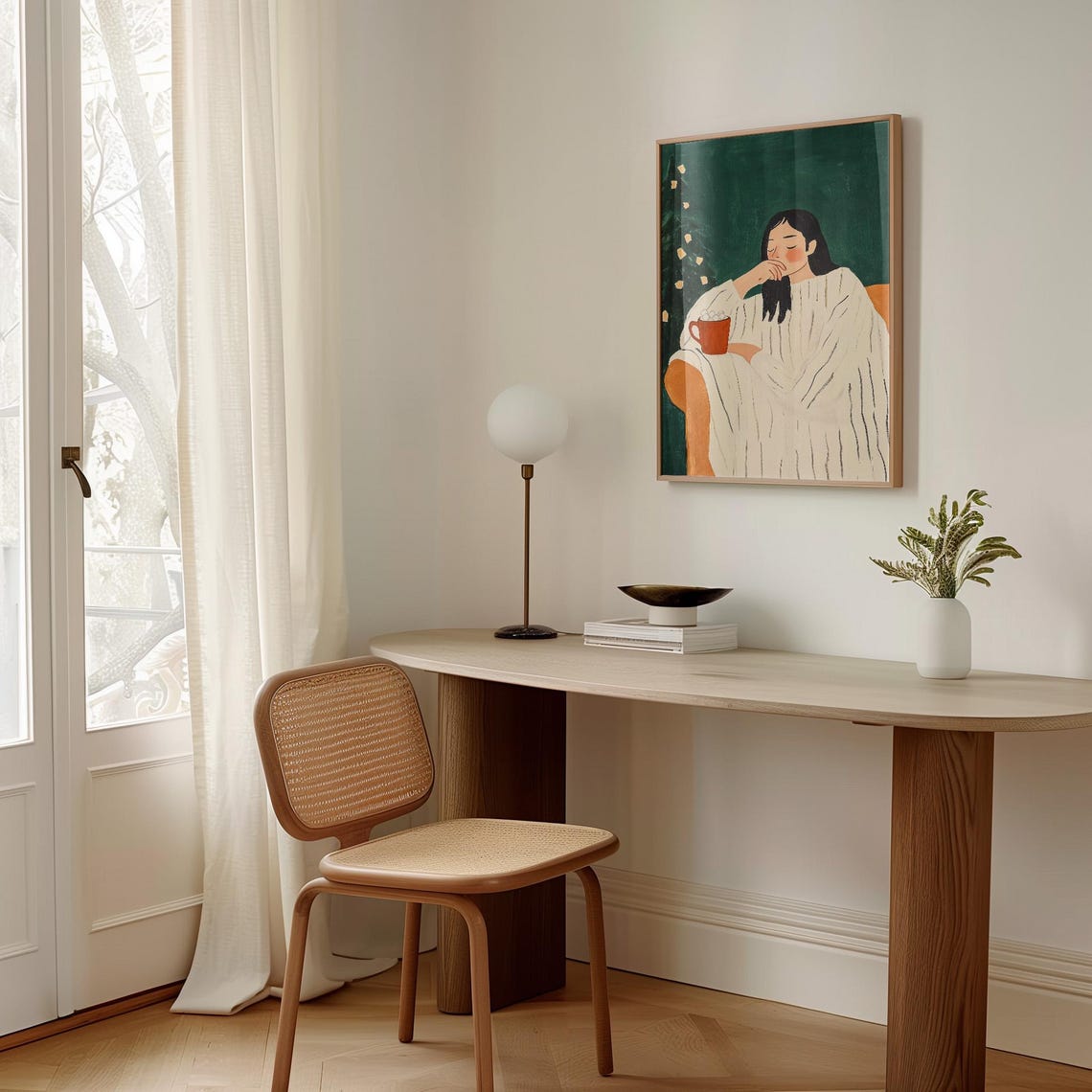 Woman in a White Robe Drinking Hot Cocoa by the Christmas Tree Poster - Image 3