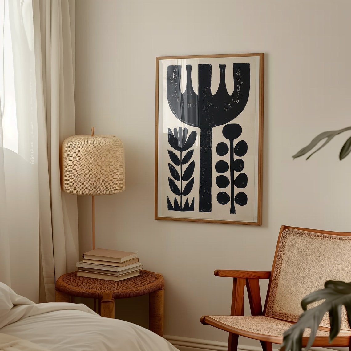 Nordic Botanical Black Plant Silhouette Cream Folk Graphic Art Poster - Image 3