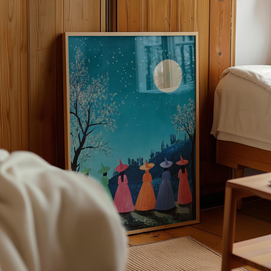Colorful Witches Under Full Moon Starry Night Halloween Poster - Image 4