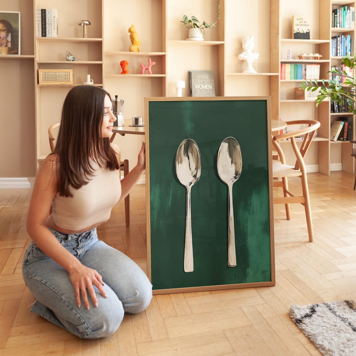 Two Silver Spoons on Emerald Green Minimalist Kitchen Poster - Image 2