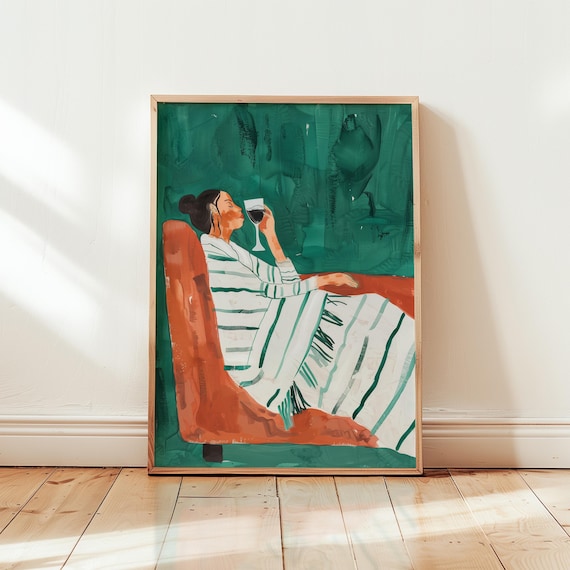 Woman Sipping Red Wine On Orange Couch Emerald Green Relaxation Art Poster
