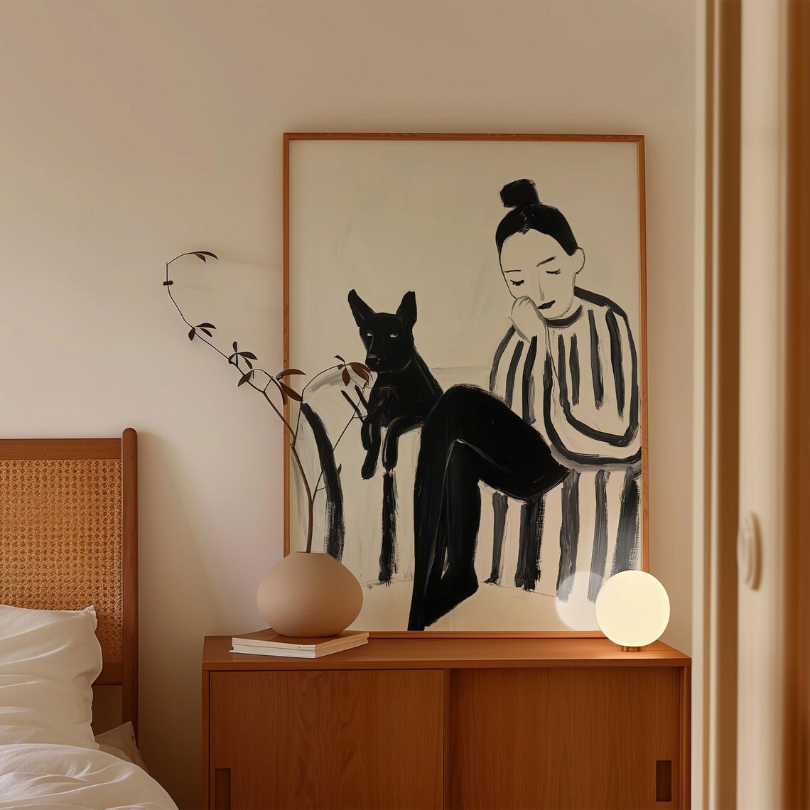 Woman With Dog Monochrome Ink Relaxing Moment Black White Poster - Image 4