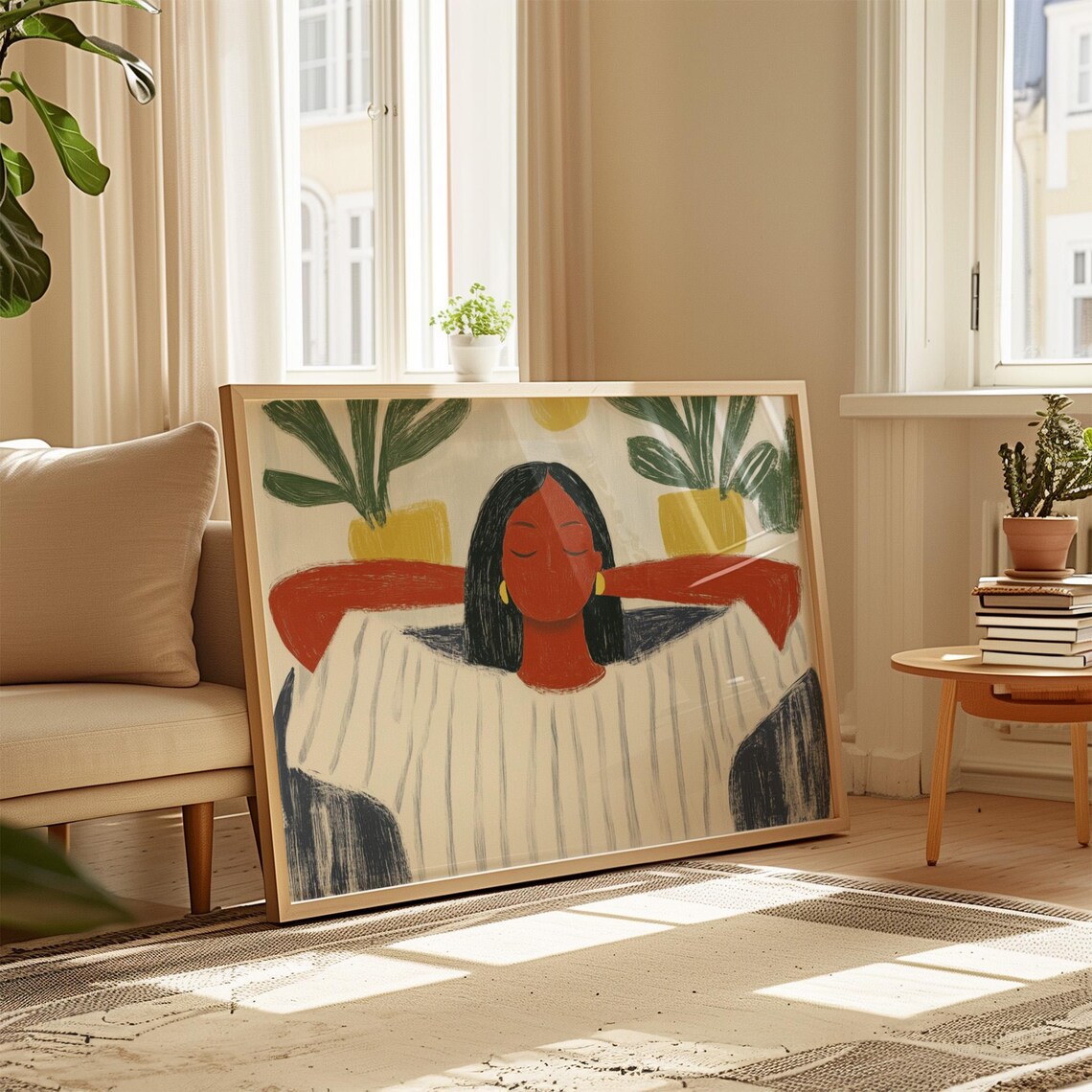 Relaxed Woman With Plants, Minimalist Art Print