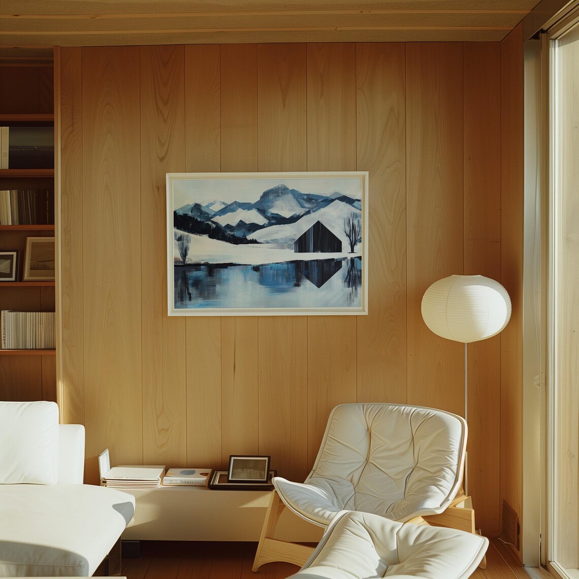 Modern Abstract Winter Landscape, Snowy Mountains and Cabin - Image 4