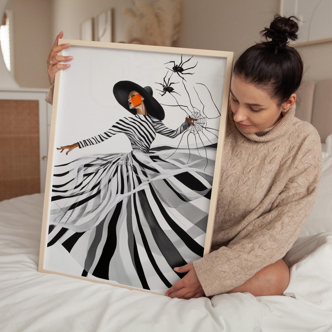 Striped Dress Witch With Spiders Halloween Illustration Wall Art - Image 2