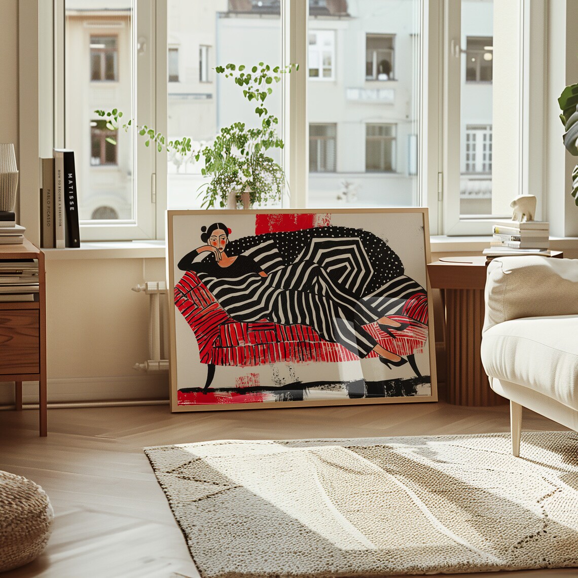 Bold Abstract Woman on Red Sofa, Wall Art Print - Image 3