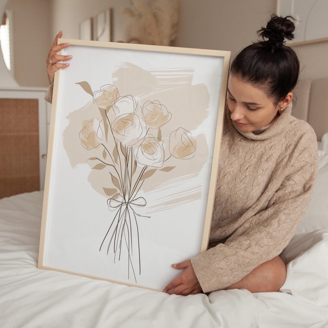 Beige Rose Bouquet Line Drawing With Bow Neutral Floral Wall Art
