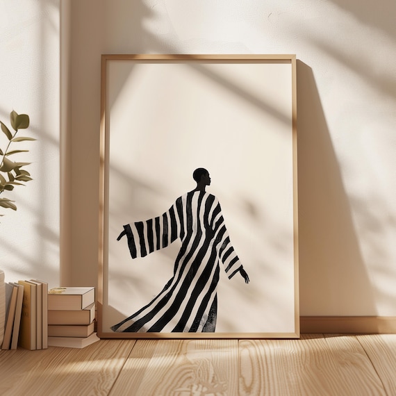 Striped Gown Woman Silhouette Minimalist Black And White Fashion Art Poster