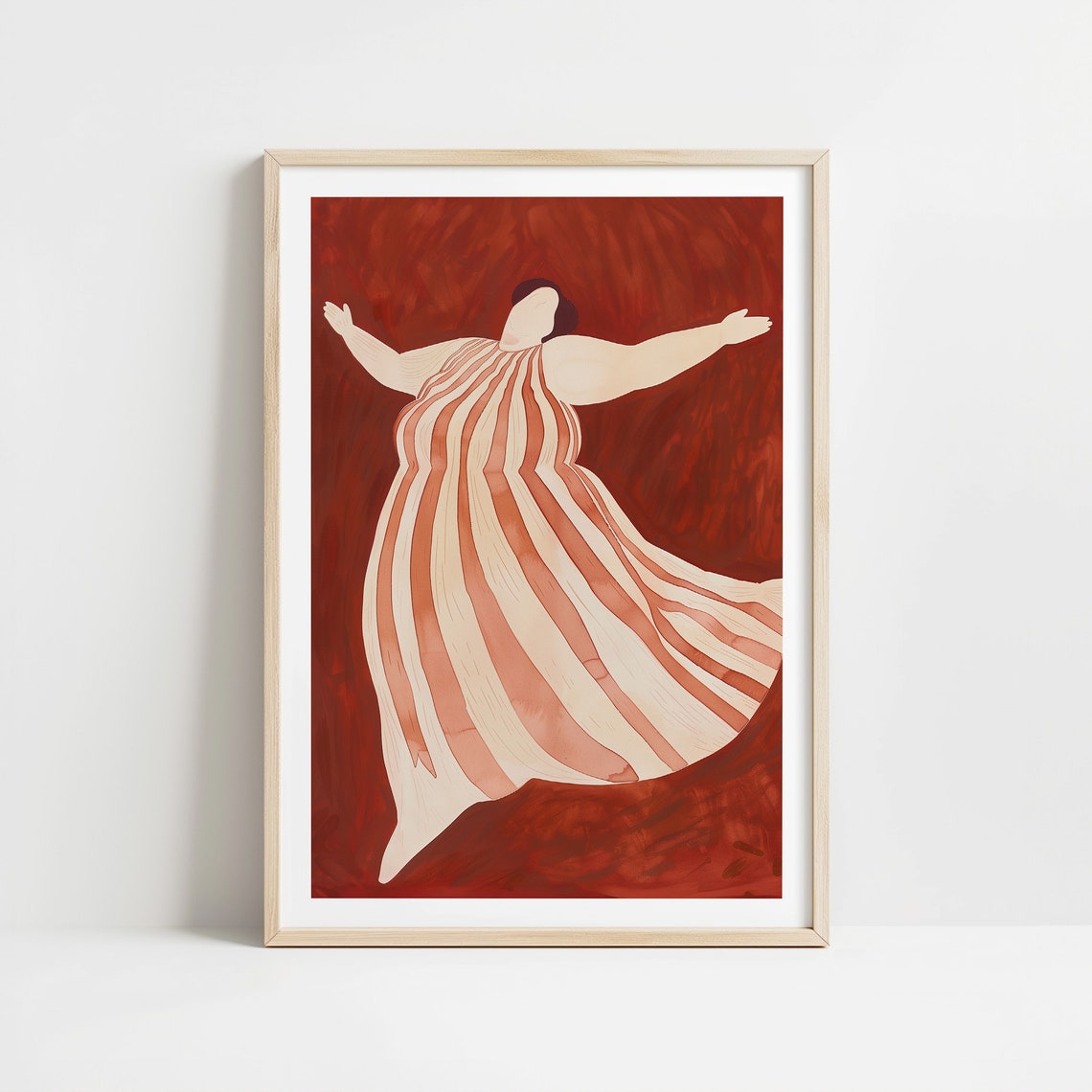 Joyful Curvy Woman Dancing In Striped Dress On Deep Red Wall Art - Image 3