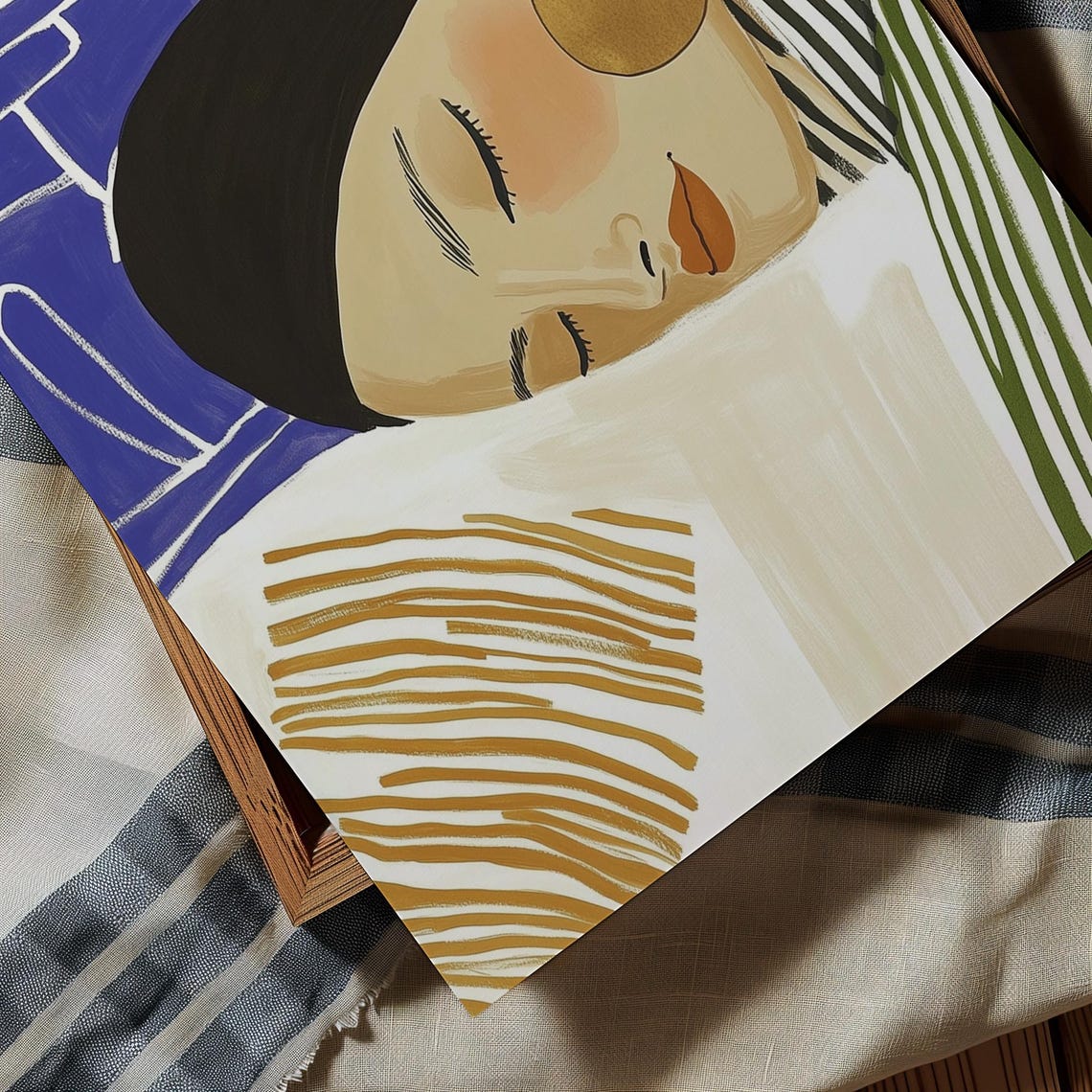 Modern Abstract Portrait Print Sleeping Woman Wall Art Minimalist Home Decor Bold Blue And Gold Accents Art - Image 3