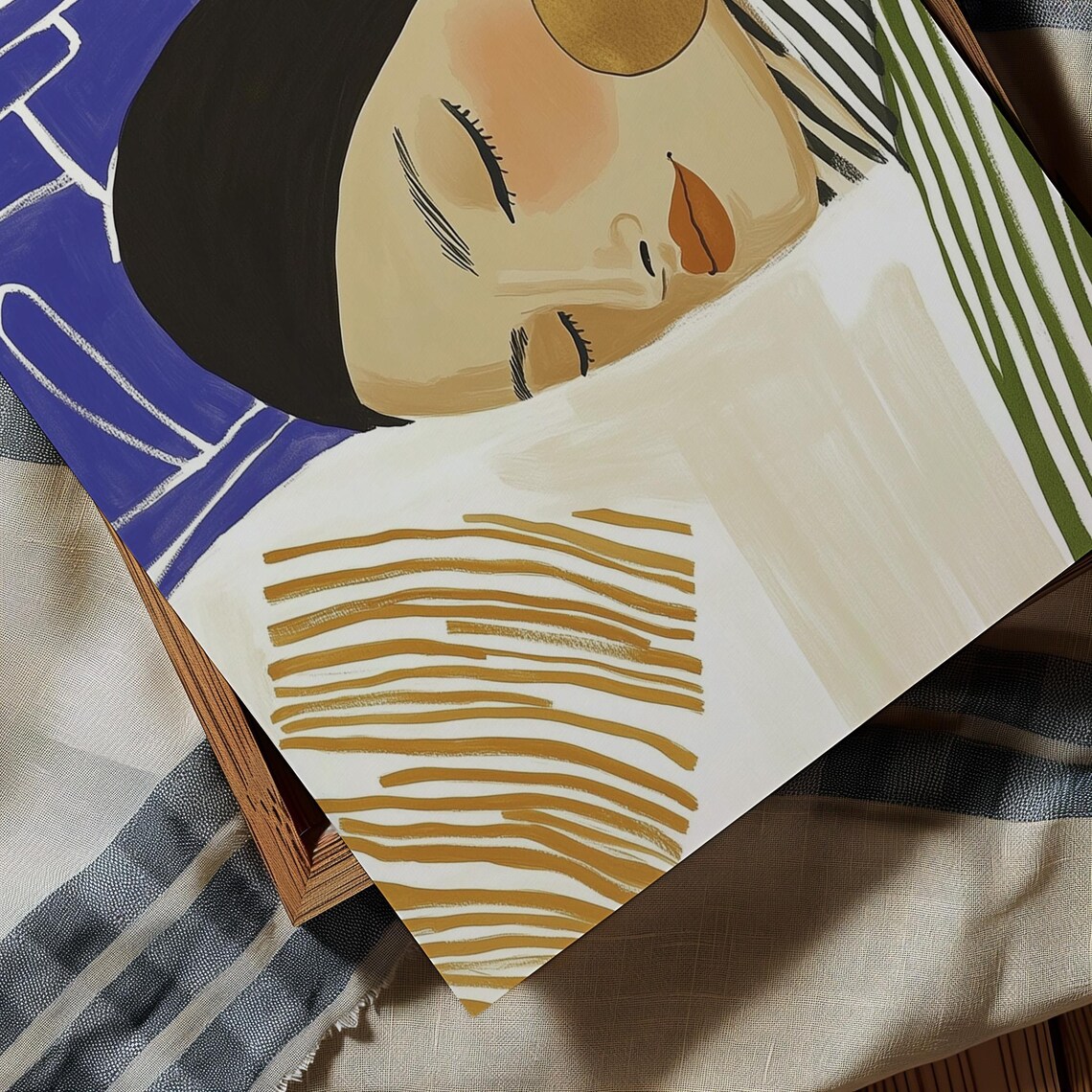 Sleeping Woman Portrait With Blue Pillow And Gold Accents Art Poster - Image 3
