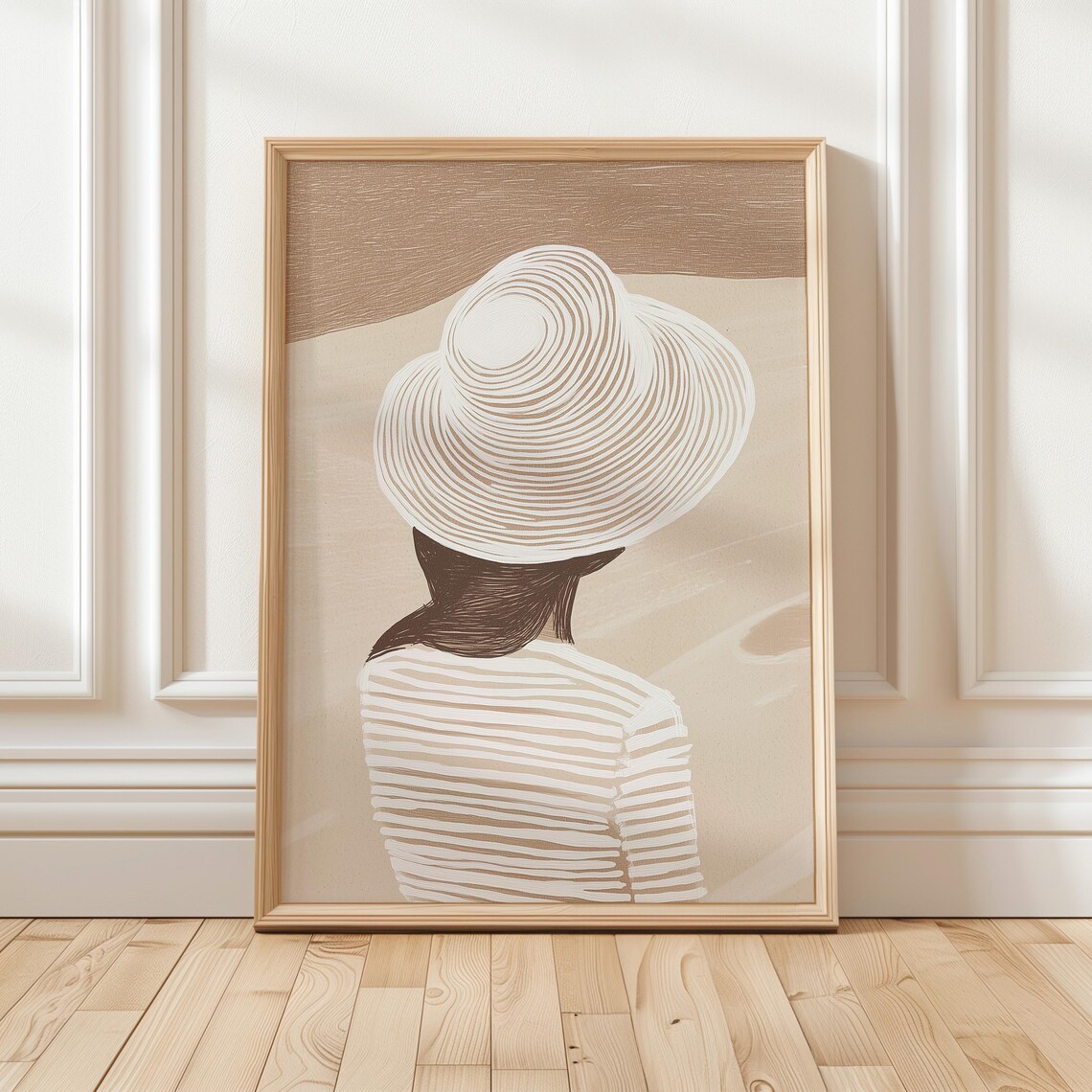 Woman Sun Hat Striped Top Back View Minimalist Line Illustration Poster