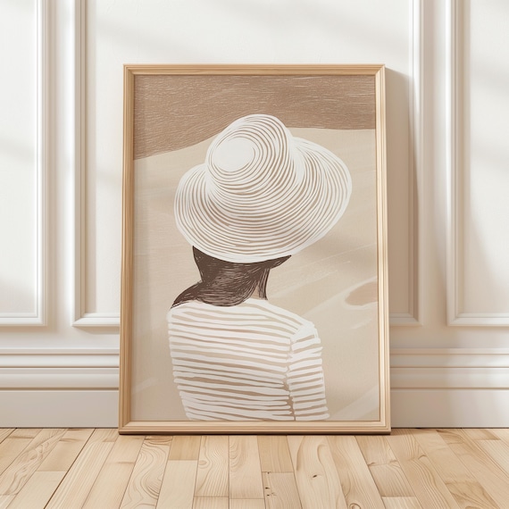 Woman Sun Hat Striped Top Back View Minimalist Line Illustration Poster