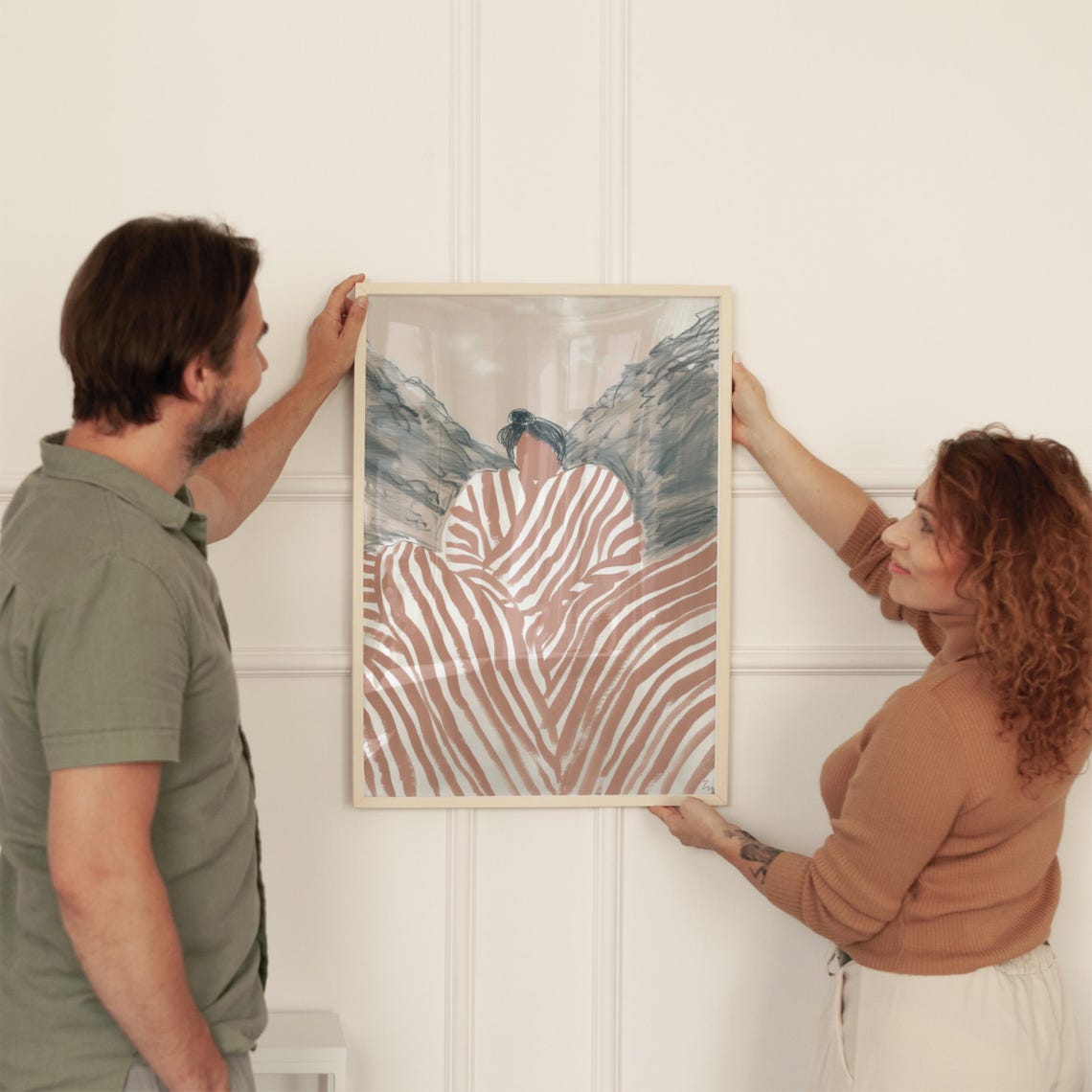 Woman Terracotta Striped Dress Mountain Landscape Contemplative Poster - Image 2