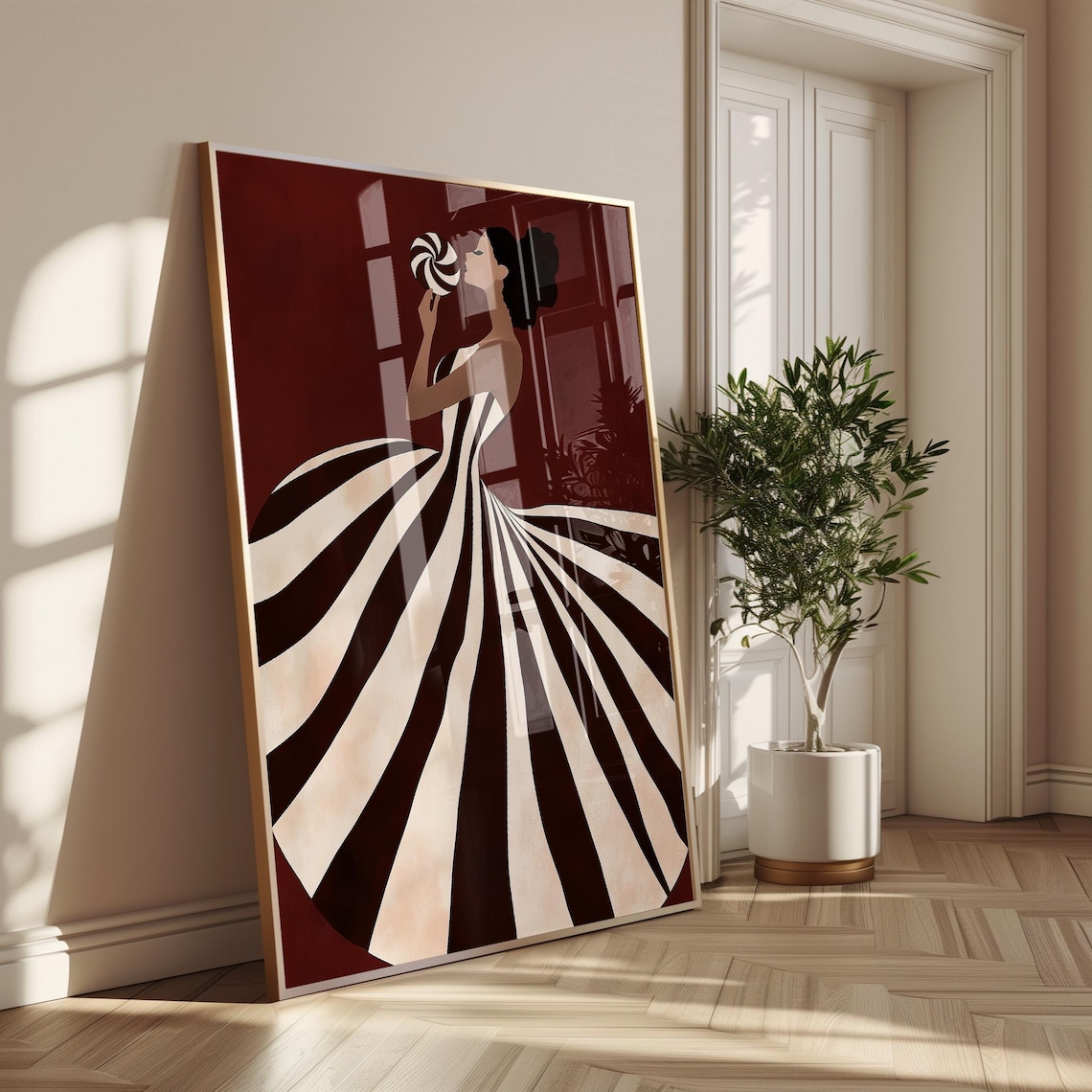 Elegant Woman In Burgundy Striped Gown Holding Lollipop Wall Art - Image 3