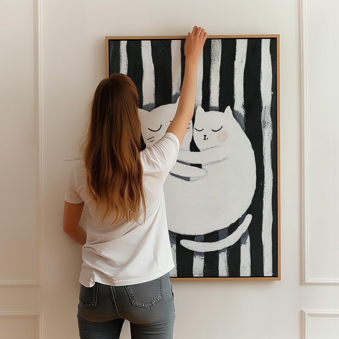 Two Hugging White Cats On Stripes Sweet Cat Couple Art Poster - Image 2