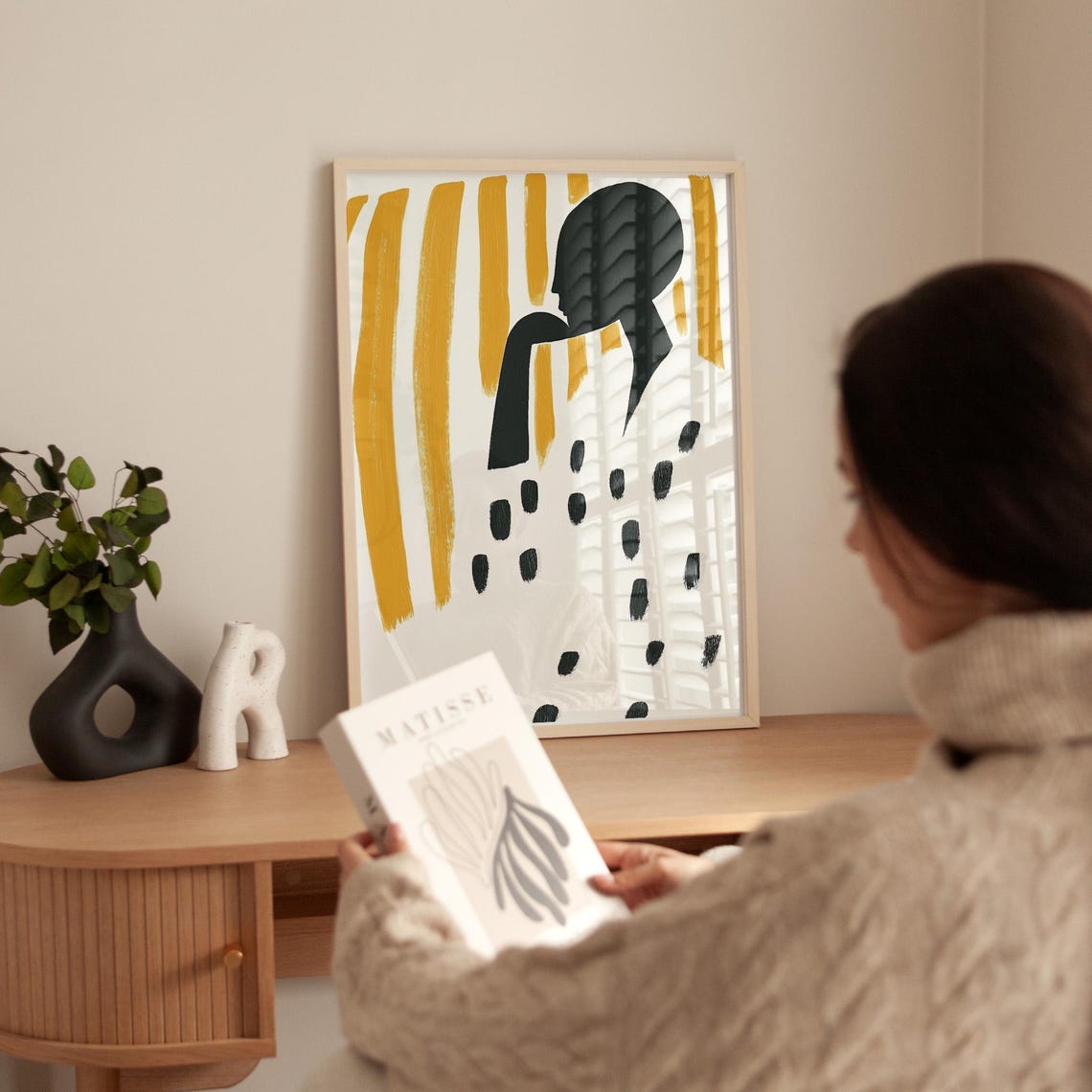 Modern Abstract Silhouette Art Print Minimalist Figure With Golden Stripes Neutral Decor Wall Art Dotted Robe Illustration Black White - Image 3