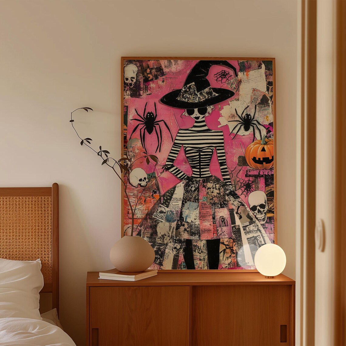 Pink Halloween Witch Collage Spiders Skulls and Pumpkin Spooky Art Poster - Image 3