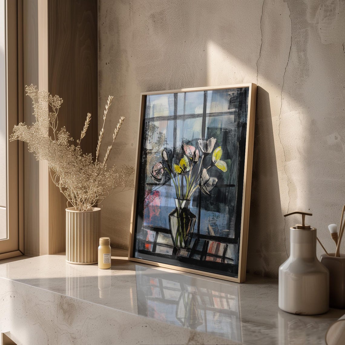 Tulips In Glass Vase Against Dark Moody Window Light Wall Art - Image 2
