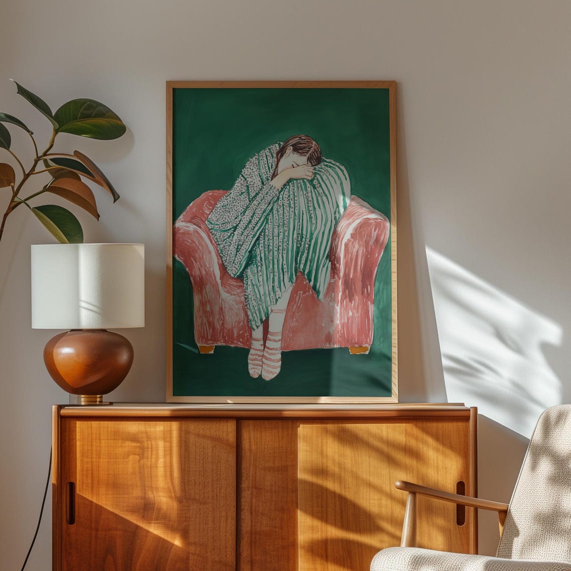 Woman Sleeping Curled in a Pink Armchair with Striped Blanket Poster - Image 2