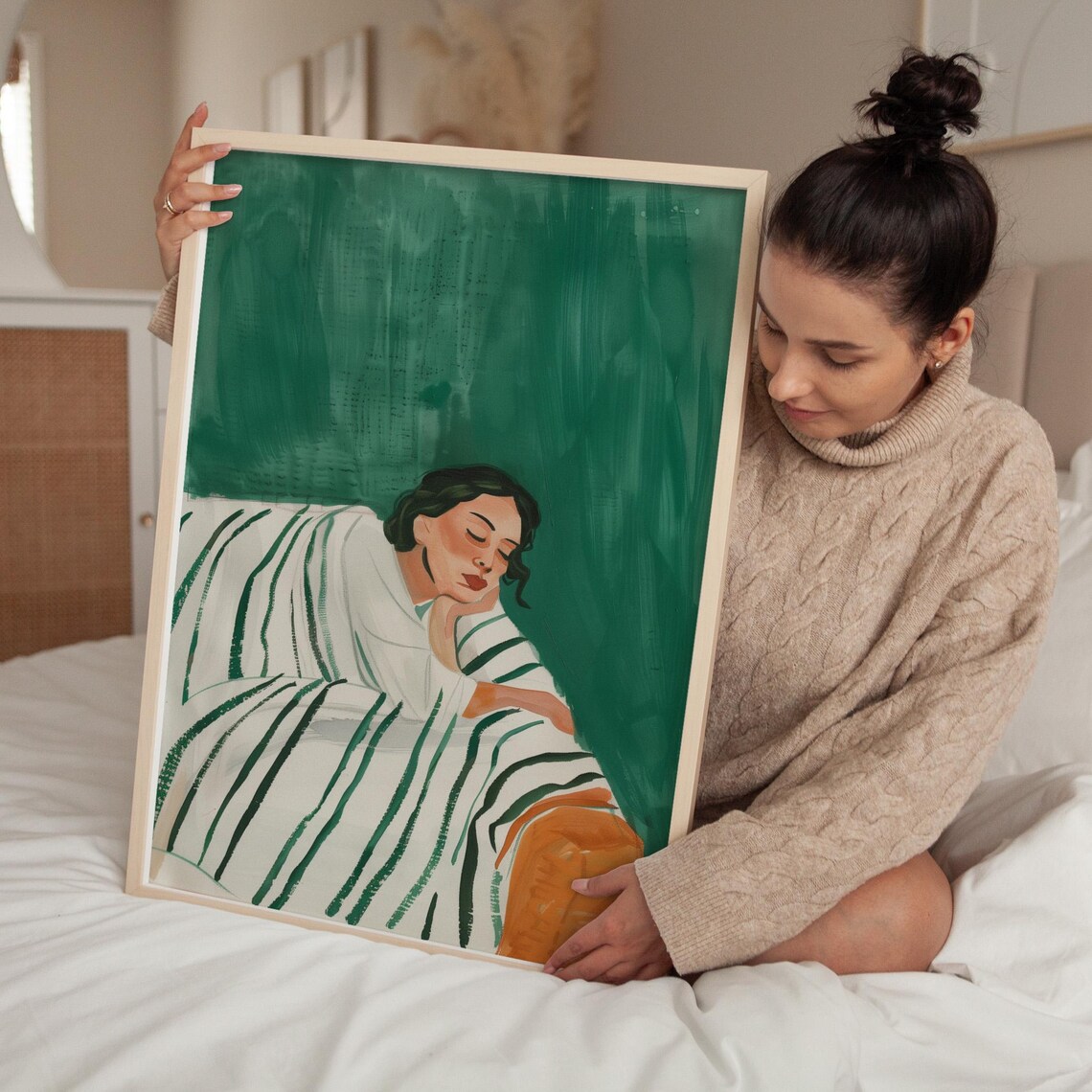 Sleeping Woman Emerald Green Striped Blanket Cozy Rest Poster