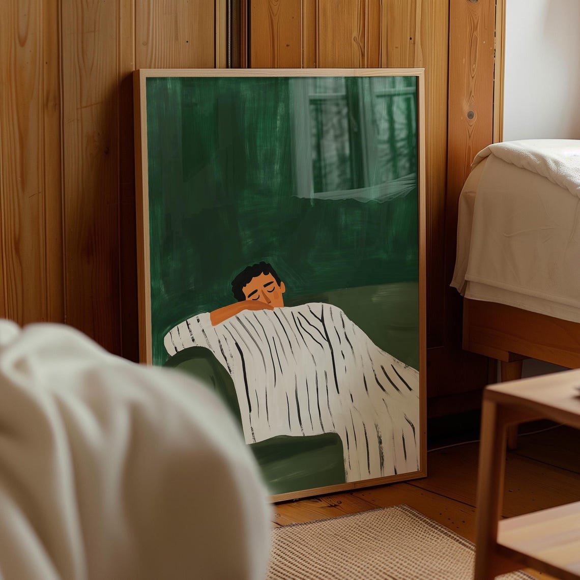 Man Taking A Nap On Emerald Green Sofa Minimalist Cozy Wall Art - Image 3