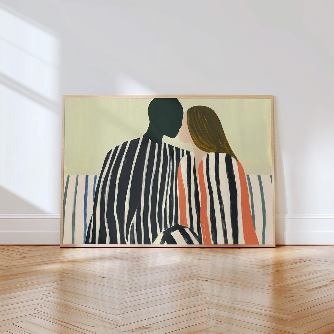 Intimate Couple in Striped Robes Muted Sage Tones Romantic Poster
