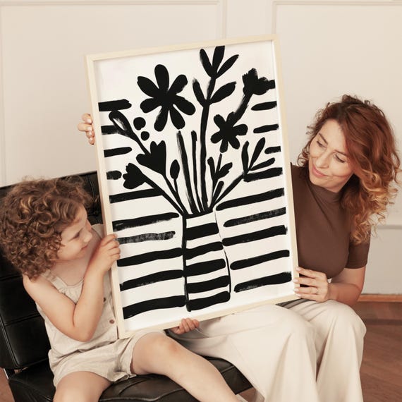 Bold Black And White Floral Wall Art Minimalist Striped Vase Print Contemporary Botanical Artwork For Modern Living Room Decor Or Office