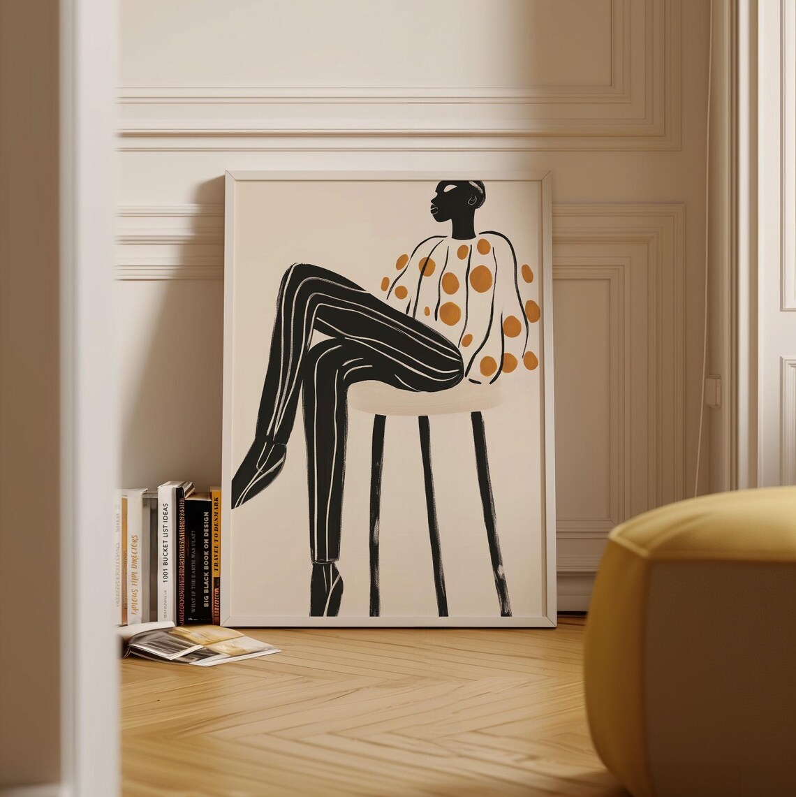 Minimalist Seated Figure, Striped Pants & Polka Dots Art Print