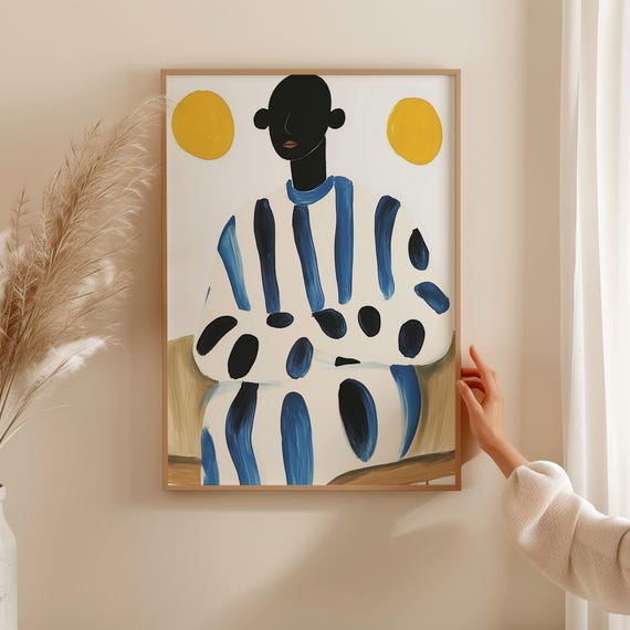 Abstract Figure Wall Art Modern Minimalist Portrait Print Bold Blue And Black Stripes Contemporary Home Decor Sun Inspired Artwork