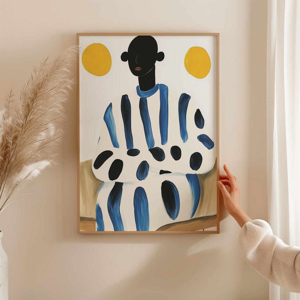 Abstract Figure Wall Art Modern Minimalist Portrait Print Bold Blue And Black Stripes Contemporary Home Decor Sun Inspired Artwork