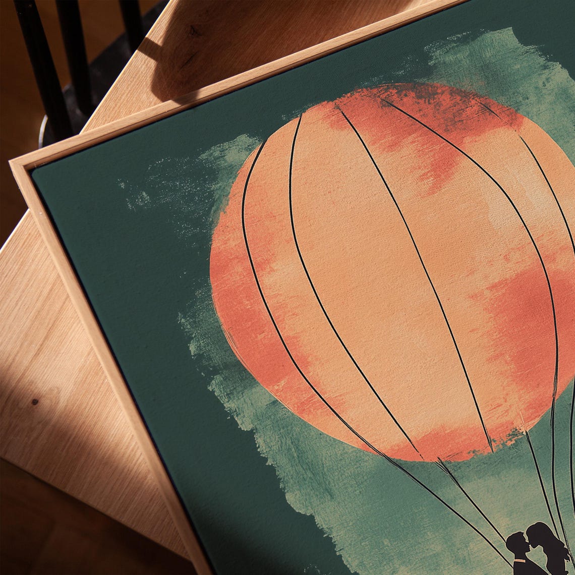 Romantic Couple Silhouette Under Sunset Hot Air Balloon Art Print - Image 3