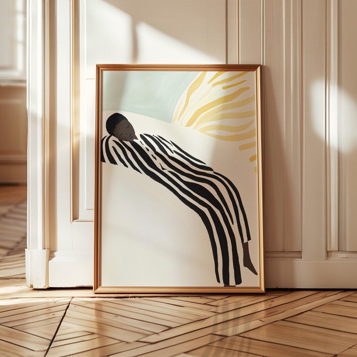 Reclining Woman In Striped Robe With Rising Sun Abstract Art Poster