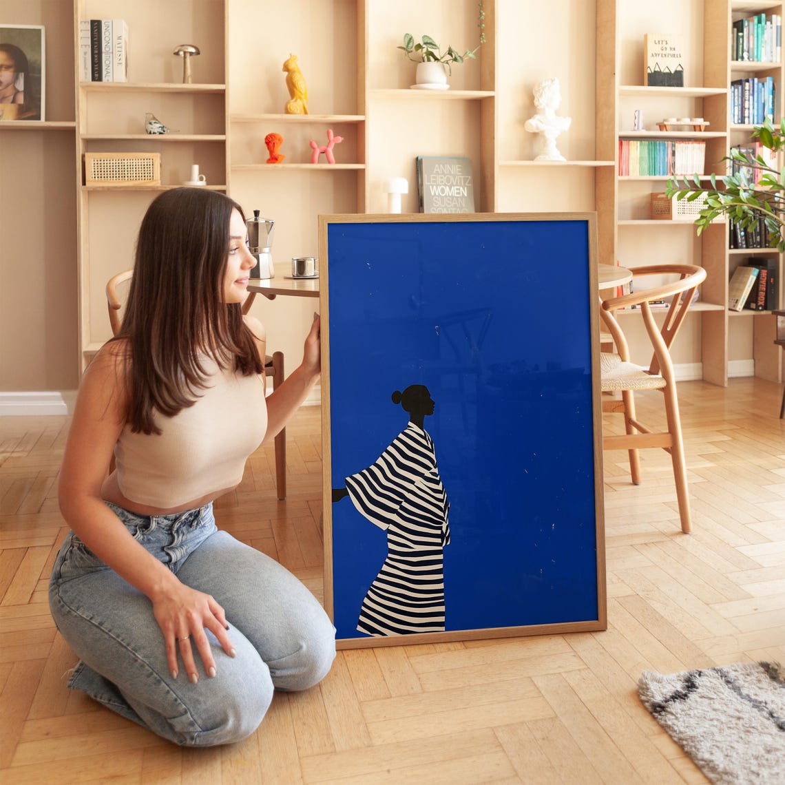 Bold Blue Background Striped Kimono Woman Silhouette Graphic Poster - Image 4