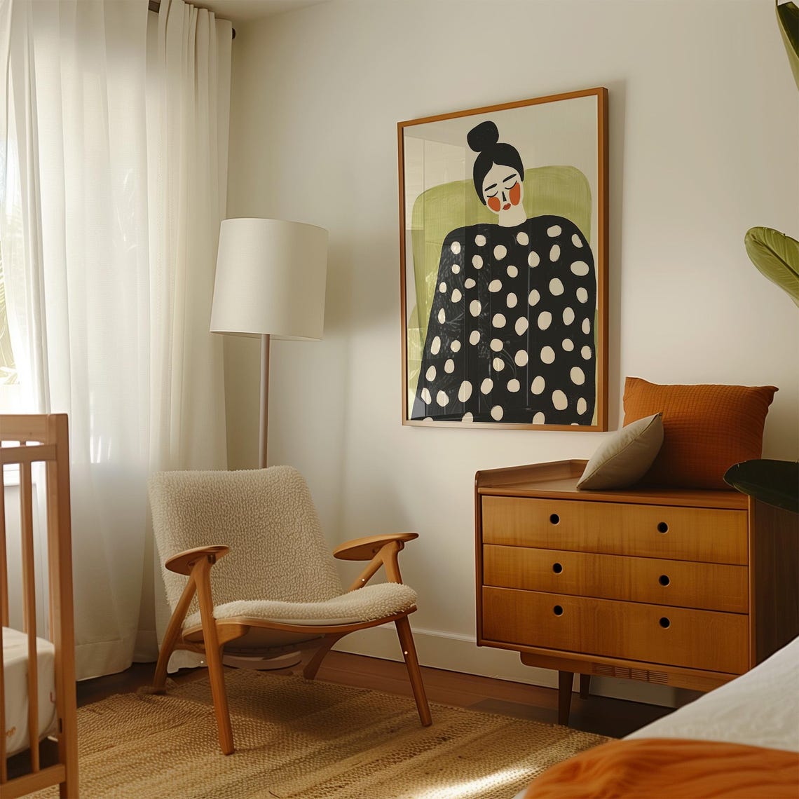 Polka Dot Dress Woman Red Cheeks Whimsical Portrait Green Chair Poster - Image 3