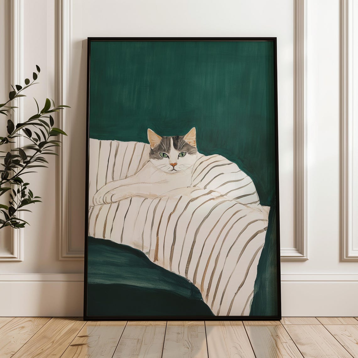 Lounging Tabby Cat Portrait on Striped Armchair Painting Poster