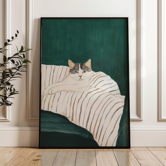 Lounging Tabby Cat Portrait on Striped Armchair Painting Poster